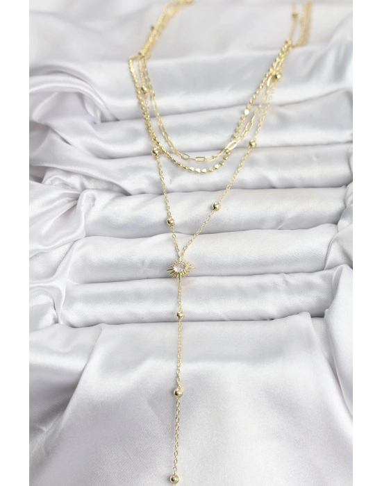 MuI MuI Pirinç Gold Renk Güneş Model Detaylı 3lü Kombin Y Kadın Kolye