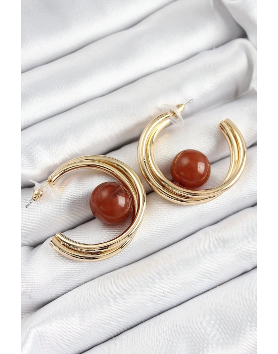 MuI MuI Pirinç Gold Renk Halka Model Kahverengi Boncuk Detay Kadın Küpe