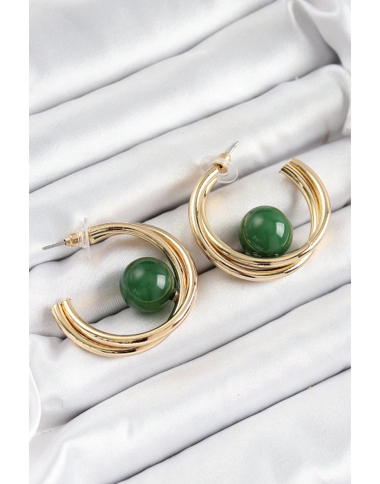 MuI MuI Pirinç Gold Renk Halka Model Yeşil Boncuk Detay Kadın Küpe