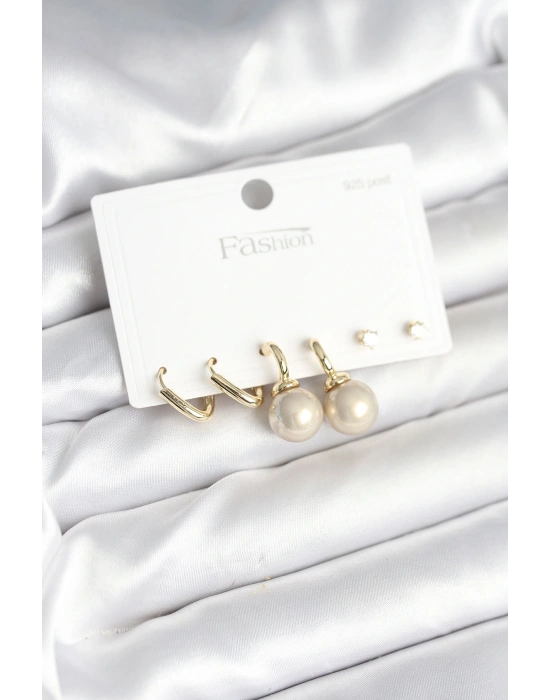 MuI MuI Pirinç Gold Renk İnci Detaylı 925 Gümüş Çivili Kadın Küpe Seti