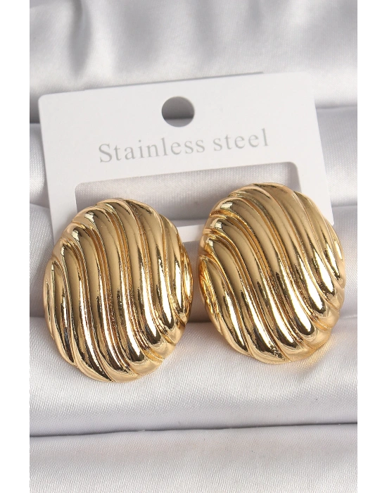 MuI MuI Pirinç Gold Renk İşlemeli Oval Model Kadın Küpe