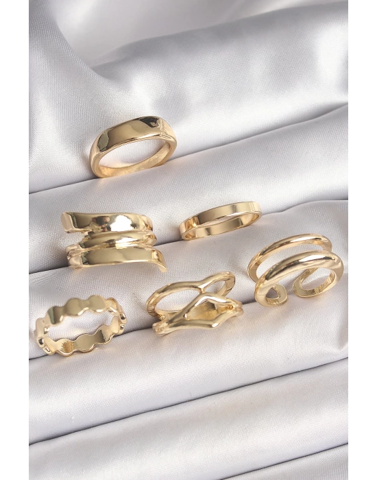 MuI MuI Pirinç Gold Renk İşlemeli Plaka Model 6Lı Kadın Yüzük Seti