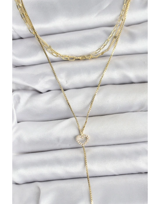 MuI MuI Pirinç Gold Renk Kalp Detaylı 3lü Kombin Y Kadın Kolye