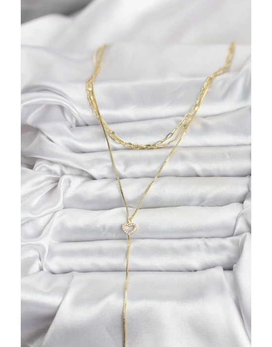 MuI MuI Pirinç Gold Renk Kalp Detaylı 3lü Kombin Y Kadın Kolye