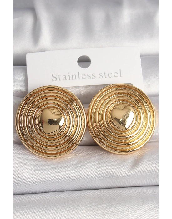 MuI MuI Pirinç Gold Renk Kalp İşlemeli Daire Plaka Model Kadın Küpe