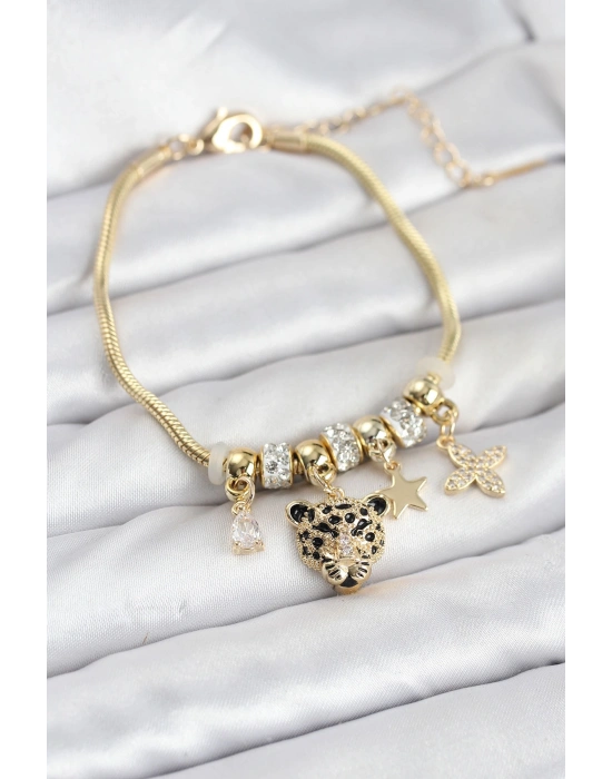 MuI MuI Pirinç Gold Renk Kaplan Model Charmlı Kadın Bileklik