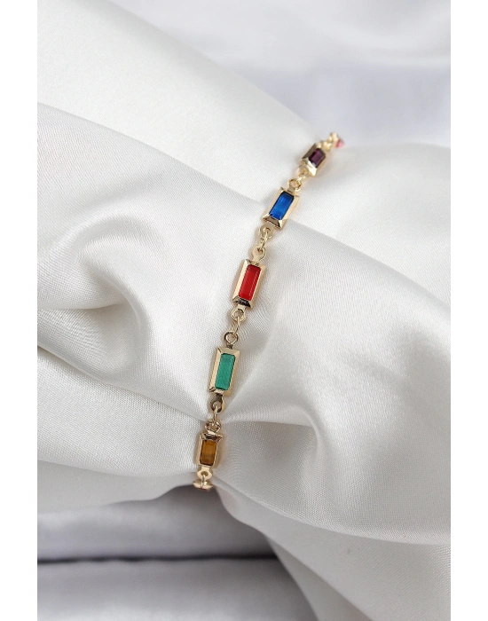 MuI MuI Pirinç Gold Renk Karışık Renkli Kare Zirkon Taşlı Kadın Bileklik