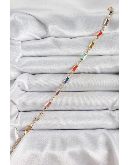 MuI MuI Pirinç Gold Renk Karışık Renkli Kare Zirkon Taşlı Kadın Bileklik