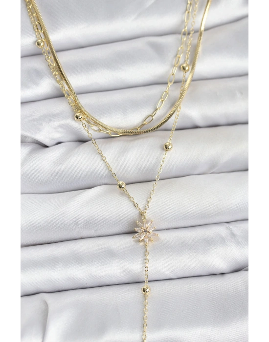 MuI MuI Pirinç Gold Renk Kutup Yıldızı Model Detaylı 3lü Kombin Y Kadın Kolye