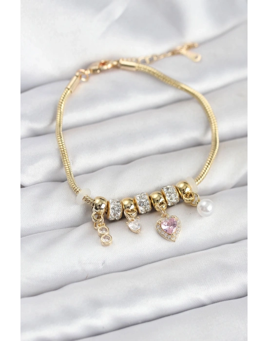 MuI MuI Pirinç Gold Renk Pembe Kalp Charmlı Kadın Bileklik