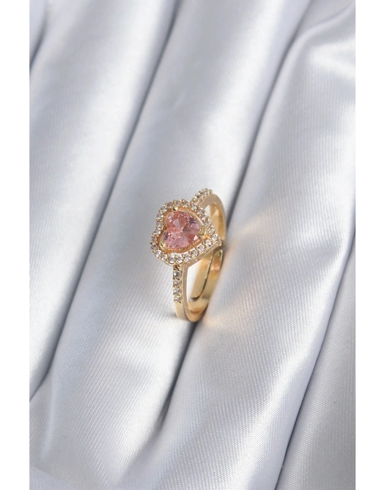 MuI MuI Pirinç Gold Renk Pembe Zirkon Taş Kalp Charm Model Kadın Yüzük