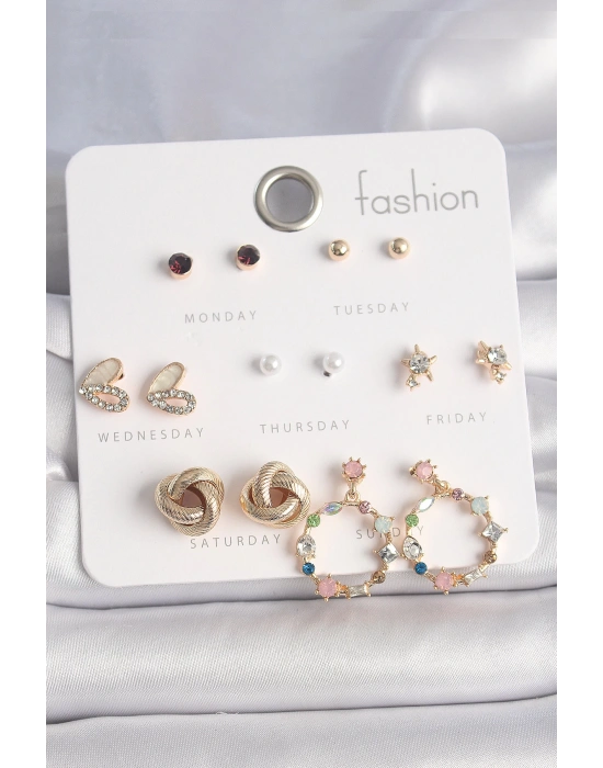 MuI MuI Pirinç Gold Renk Renkli Zirkon Taşlı Kalp Detay 7 Çift Kadın Küpe Seti