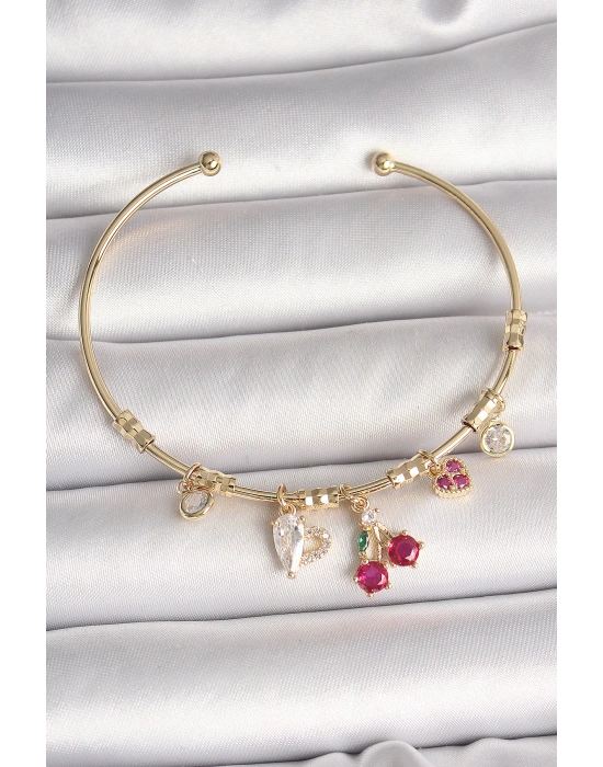 MuI MuI Pirinç Gold Renk Sallantı Kırmızı Zirkon Taşlı Kiraz Figür Charm Kadın Bileklik