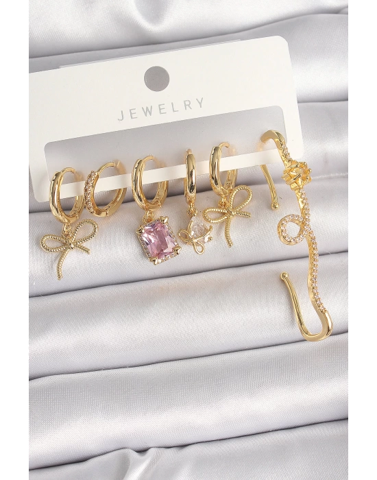 MuI MuI Pirinç Gold Renk Sallantı Kurdele Model Pembe Kare Zirkon Taşlı Kadın Küpe Seti