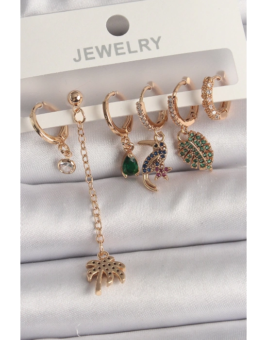 MuI MuI Pirinç Gold Renk Sallantı Zirkon Taşlı Ağaç Figür Kadın Küpe Seti