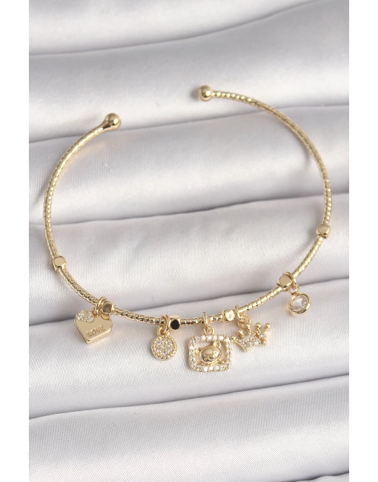 MuI MuI Pirinç Gold Renk Sallantı Zirkon Taşlı Ayıcık Figür Taç Detay Charm Kadın Bileklik