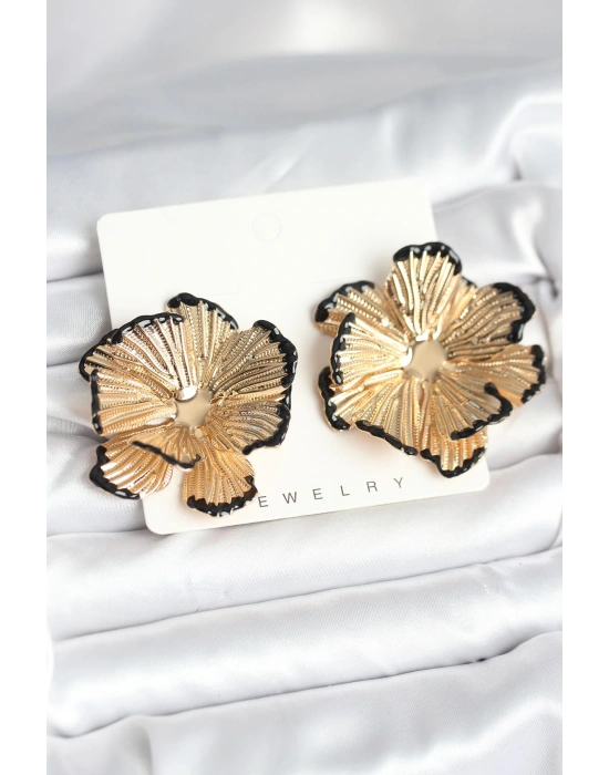 MuI MuI Pirinç Gold Renk Siyah Mine Detaylı Lotus Kadın Küpe