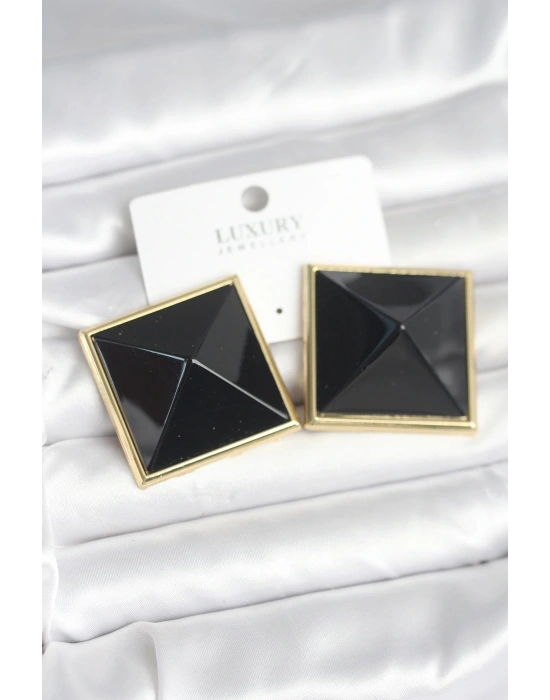 MuI MuI Pirinç Gold Renk Siyah Piramit Model Kadın Küpe