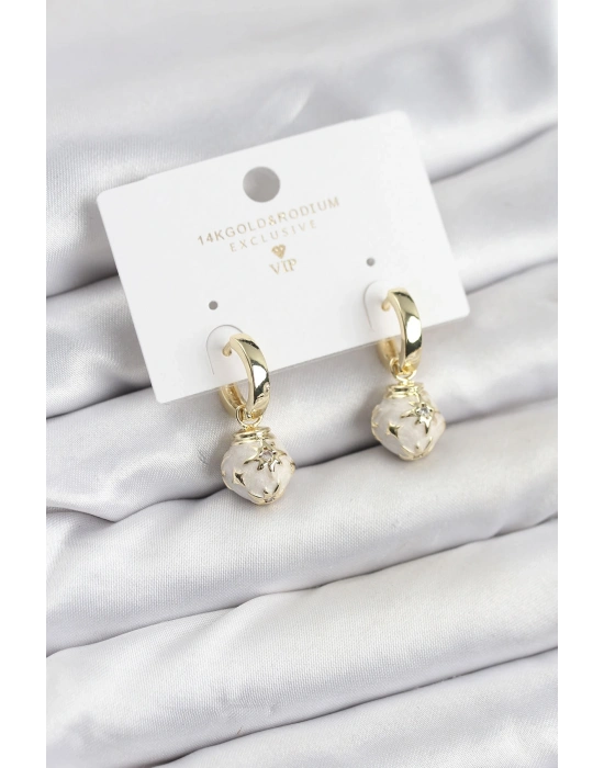 MuI MuI Pirinç Gold Renk Topçuk Model Mineli Halka Kadın Küpe