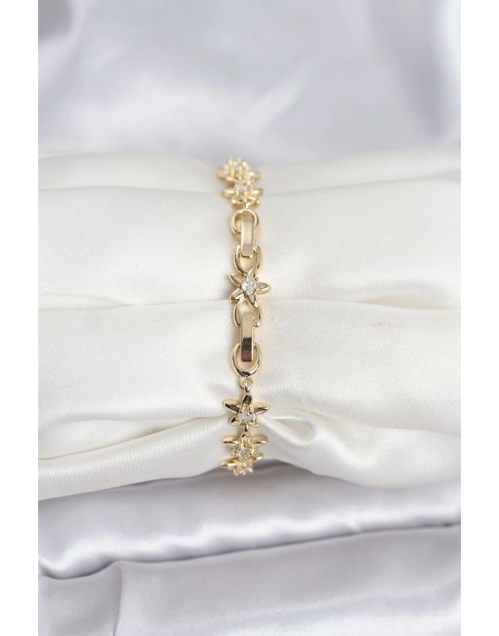 MuI MuI Pirinç Gold Renk VIP Seri Sıralı Taşlı Yıldız Model Zirkon Taşlı Kadın Bileklik