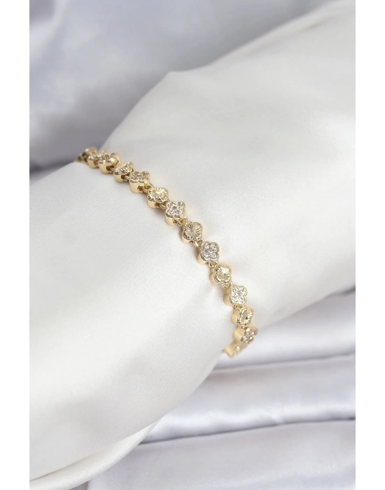 MuI MuI Pirinç Gold Renk VIP Seri Sıralı Yonca Model Zirkon Taşlı Kadın Bileklik