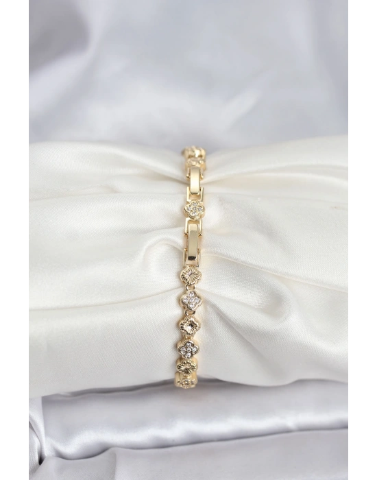 MuI MuI Pirinç Gold Renk VIP Seri Sıralı Yonca Model Zirkon Taşlı Kadın Bileklik