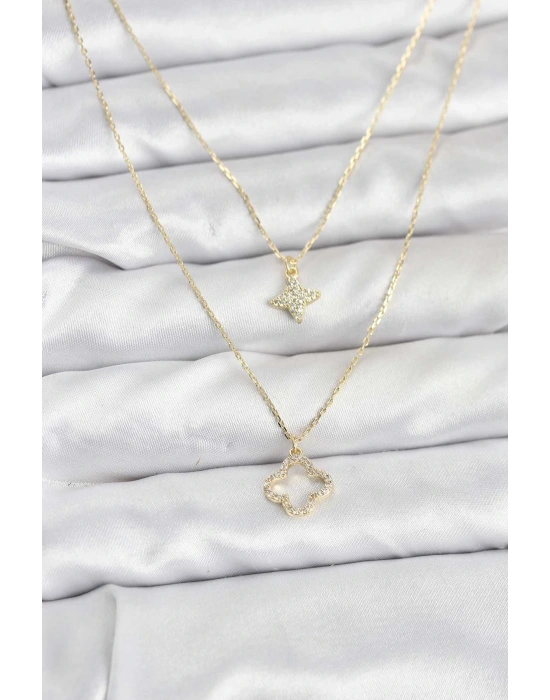 MuI MuI Pirinç Gold Renk Yonca Model 2li Kadın Kolye