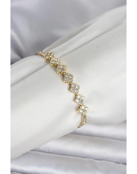 MuI MuI Pirinç Gold Renk Yonca Model Zirkon Taşlı Kadın Bileklik