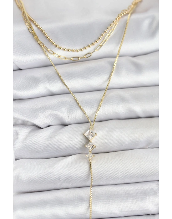 MuI MuI Pirinç Gold Renk Zirkon Taş Detaylı 3lü Kombin Y Kadın Kolye