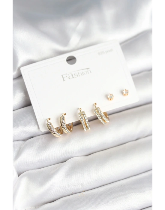 MuI MuI Pirinç Gold Renk Zirkon Taşlı 925 Gümüş Çivili Kadın Küpe Seti