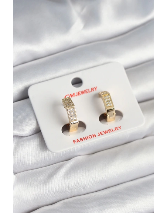 MuI MuI Pirinç Gold Renk Zirkon Taşlı Altıgen Kadın Küpe