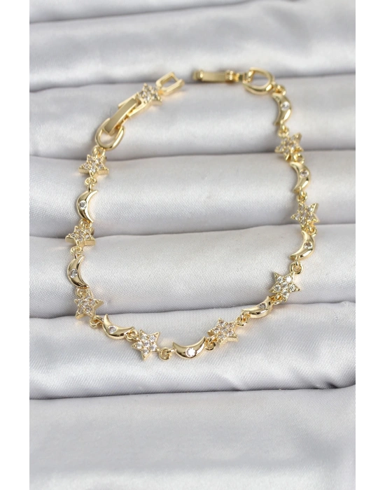 MuI MuI Pirinç Gold Renk Zirkon Taşlı Ay ve Yıldız Model Kadın Bileklik