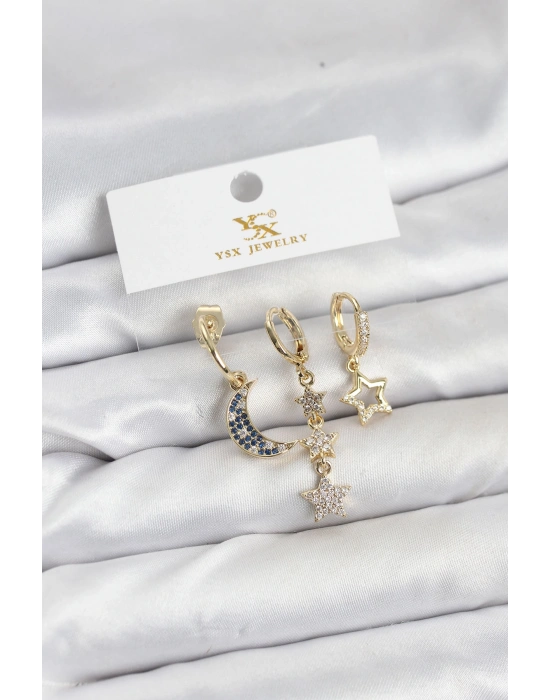 MuI MuI Pirinç Gold Renk Zirkon Taşlı Ay ve Yıldız Model YSX Trio Küpe Seti