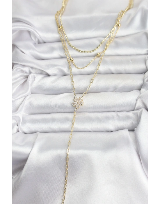 MuI MuI Pirinç Gold Renk Zirkon Taşlı Çiçek Model Detaylı 3lü Kombin Y Kadın Kolye