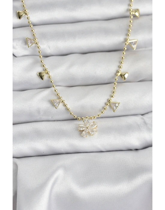 MuI MuI Pirinç Gold Renk Zirkon Taşlı Çiçek Model Kadın Kolye