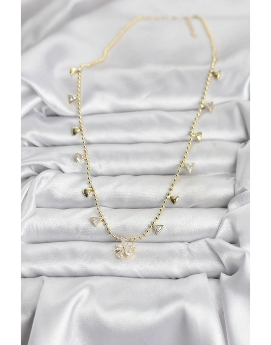 MuI MuI Pirinç Gold Renk Zirkon Taşlı Çiçek Model Kadın Kolye