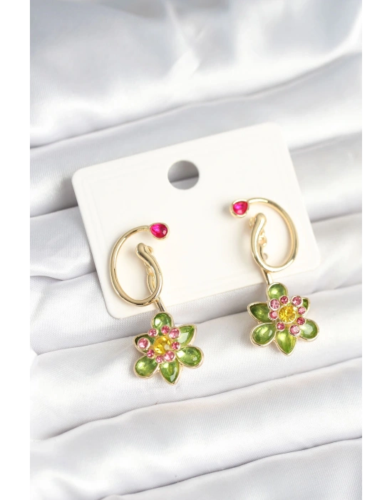 MuI MuI Pirinç Gold Renk Zirkon Taşlı Çiçek Model Kadın Küpe