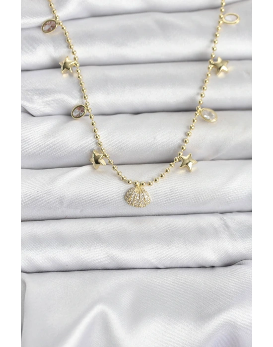 MuI MuI Pirinç Gold Renk Zirkon Taşlı Deniz Kabuğu Model Kadın Kolye