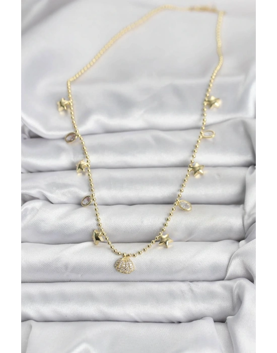 MuI MuI Pirinç Gold Renk Zirkon Taşlı Deniz Kabuğu Model Kadın Kolye