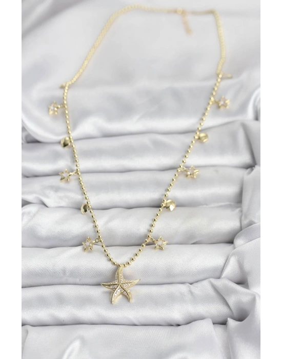 MuI MuI Pirinç Gold Renk Zirkon Taşlı Deniz Yıldızı Model Kadın Kolye