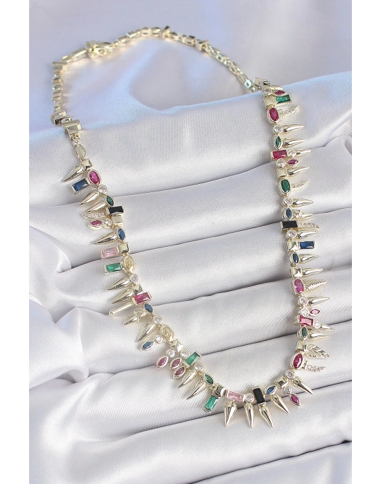 MuI MuI Pirinç Gold Renk Zirkon Taşlı Diken Model VIP Seri Kadın Kolye