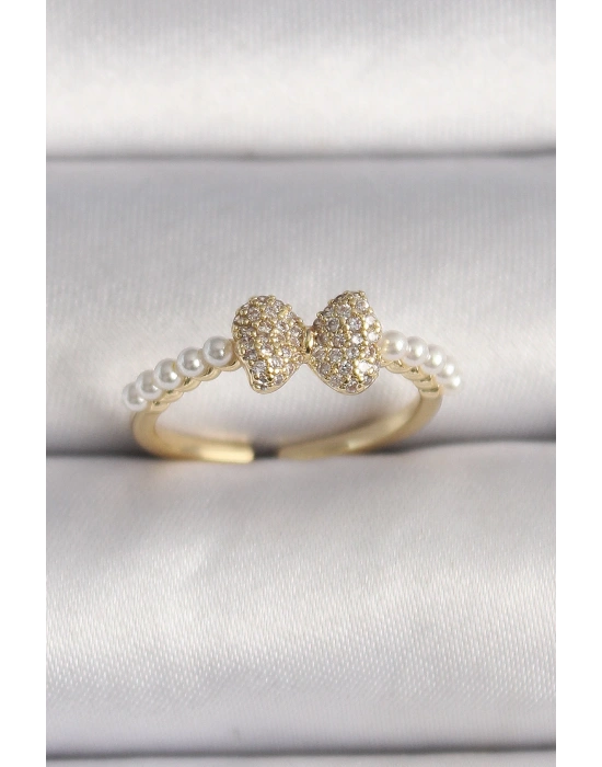 MuI MuI Pirinç Gold Renk Zirkon Taşlı Fiyonk İnci Detay Ayarlanabilir Yüzük