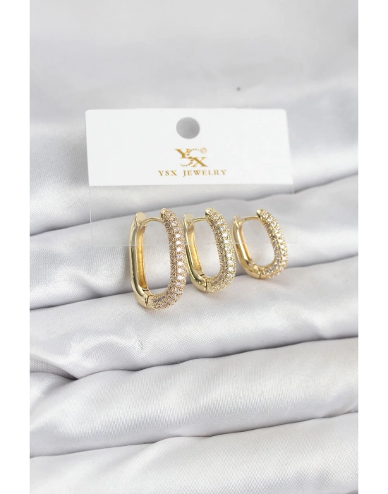 MuI MuI Pirinç Gold Renk Zirkon Taşlı Halka Model YSX Trio Küpe Seti