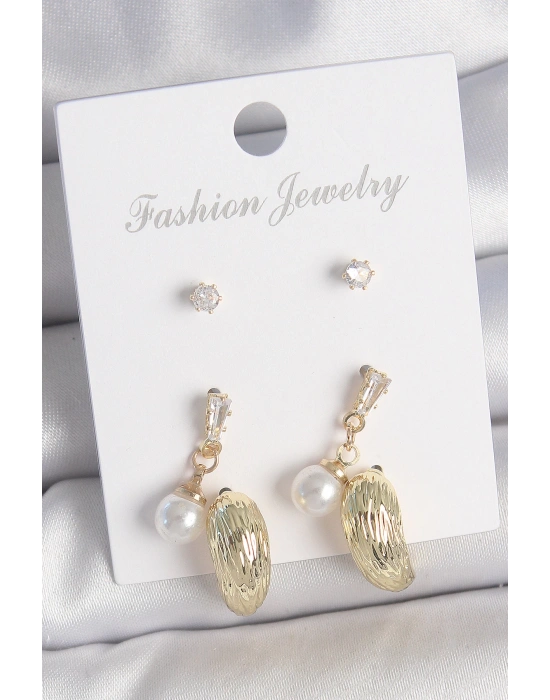 MuI MuI Pirinç Gold Renk Zirkon Taşlı İncili Sallantılı İşlemeli Damla Model 3 Çift Kadın Küpe Seti