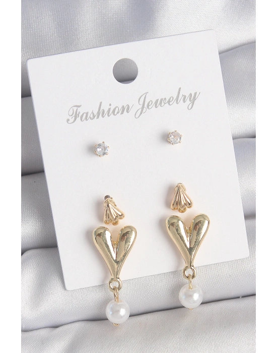 MuI MuI Pirinç Gold Renk Zirkon Taşlı İncili Sallantılı Kalp Model 3 Çift Kadın Küpe Seti