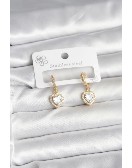 MuI MuI Pirinç Gold Renk Zirkon Taşlı Kalp Model Kadın Küpe