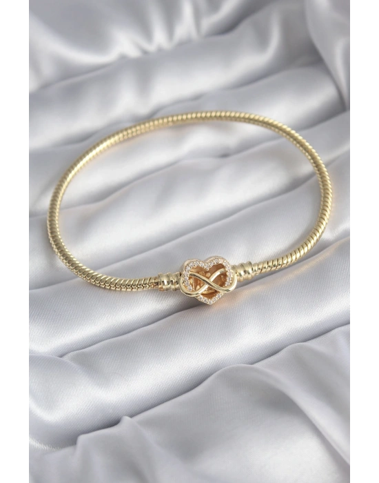 MuI MuI Pirinç Gold Renk Zirkon Taşlı Kalp Sonsuzluk Model Charm Kadın Bileklik