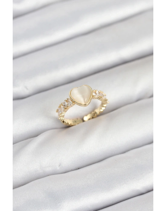 MuI MuI Pirinç Gold Renk Zirkon Taşlı Kalpli Kadın Yüzük