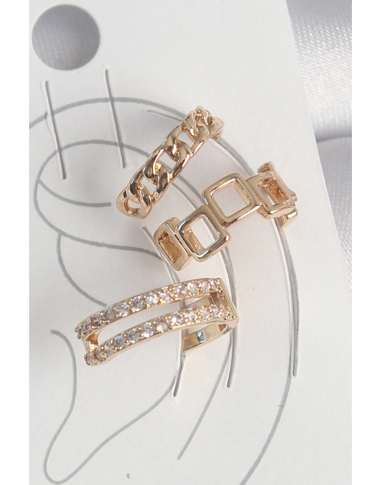 MuI MuI Pirinç Gold Renk Zirkon Taşlı Kare Zincir Model Kadın Kıkırdak Küpe