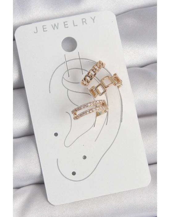 MuI MuI Pirinç Gold Renk Zirkon Taşlı Kare Zincir Model Kadın Kıkırdak Küpe